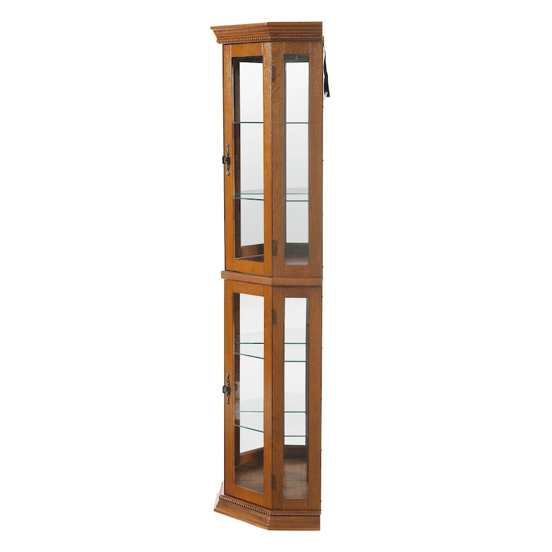 Cherry & Oak Corner Curio Cabinet with Light, Mirrored Back & Tempered Glass Shelves