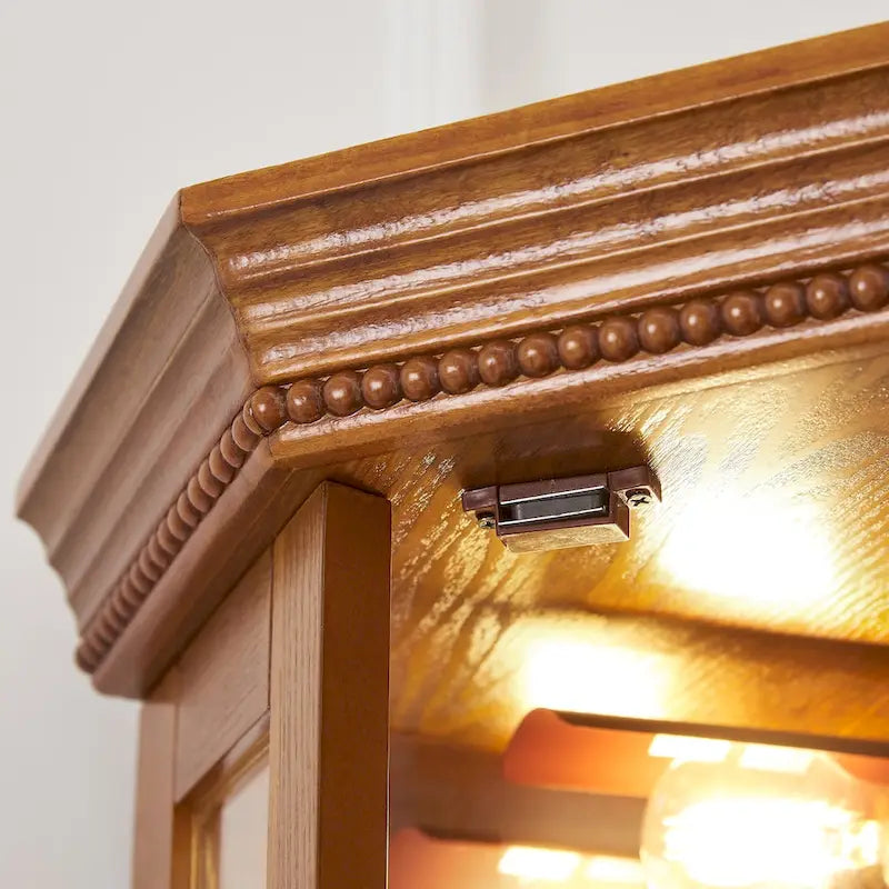 Cherry & Oak Corner Curio Cabinet with Light, Mirrored Back & Tempered Glass Shelves