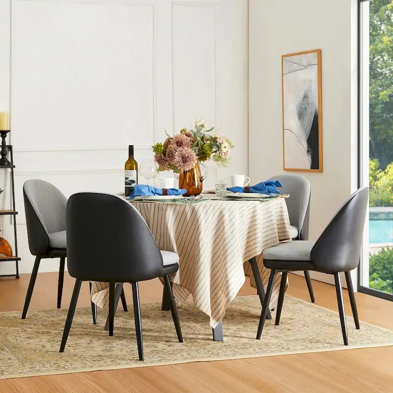 Grey Dining Side Chair, PU Leather & Fabric, Set of 4