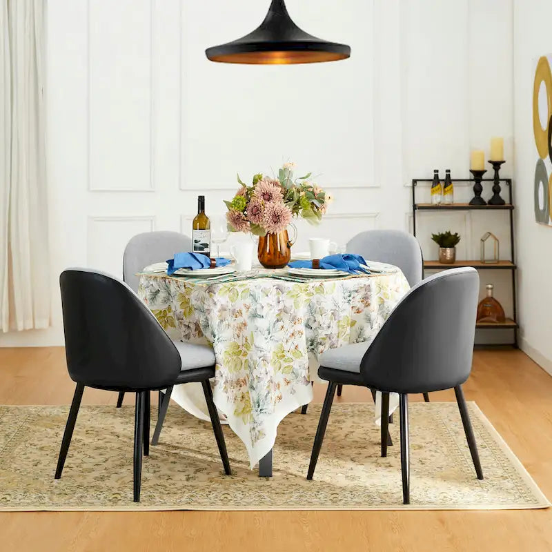 Grey Dining Side Chair, PU Leather & Fabric, Set of 4