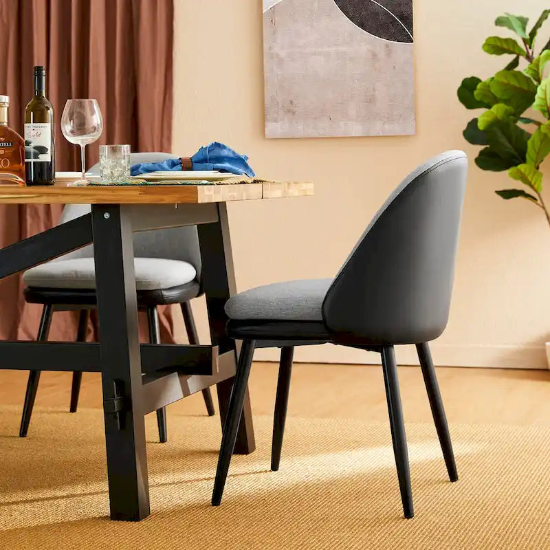 Grey Dining Side Chair, PU Leather & Fabric, Set of 4