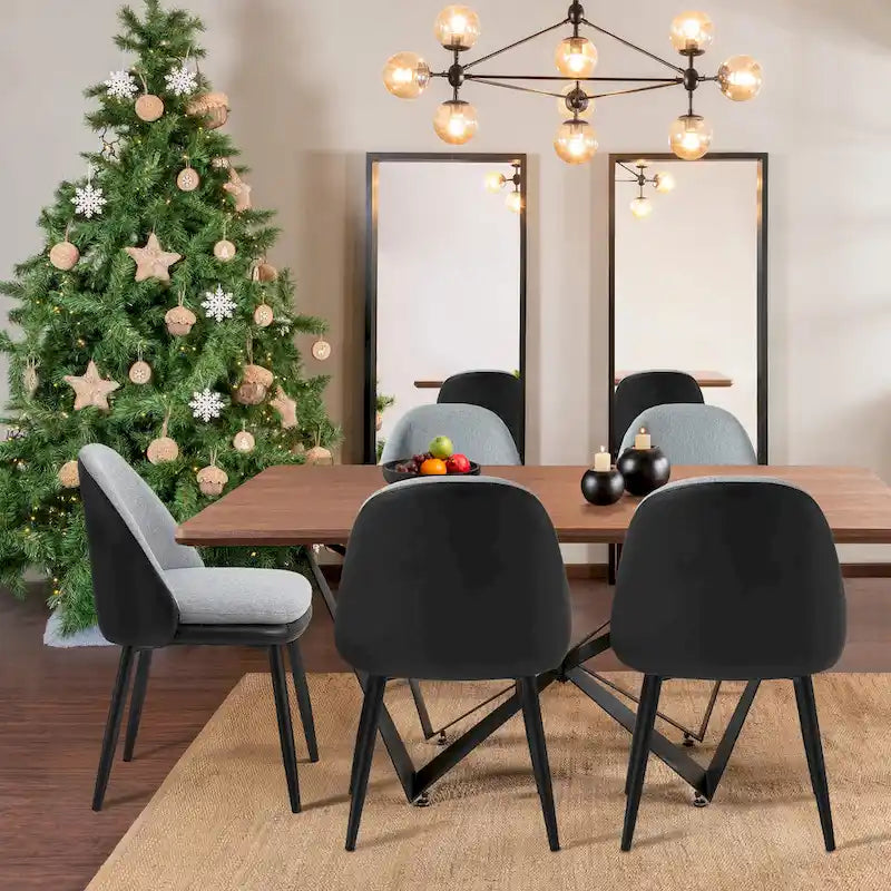 Grey Dining Side Chair, PU Leather & Fabric, Set of 4