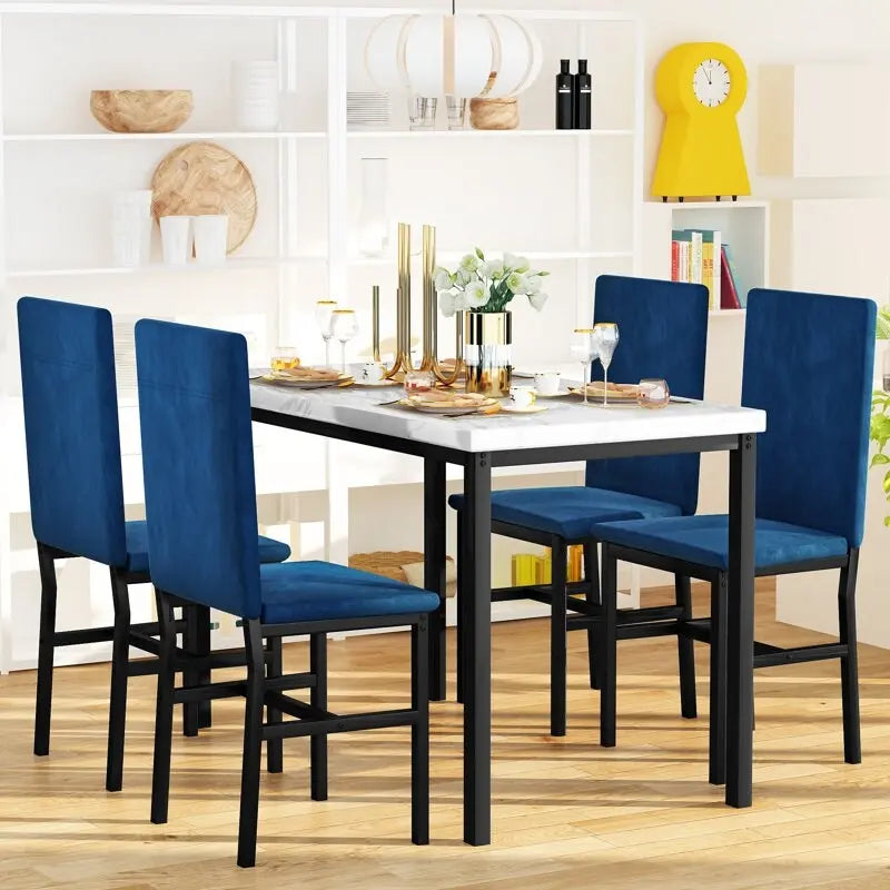 White/Blue & White/Grey 5-Piece Dining Set, Faux Marble Top, Seats 4