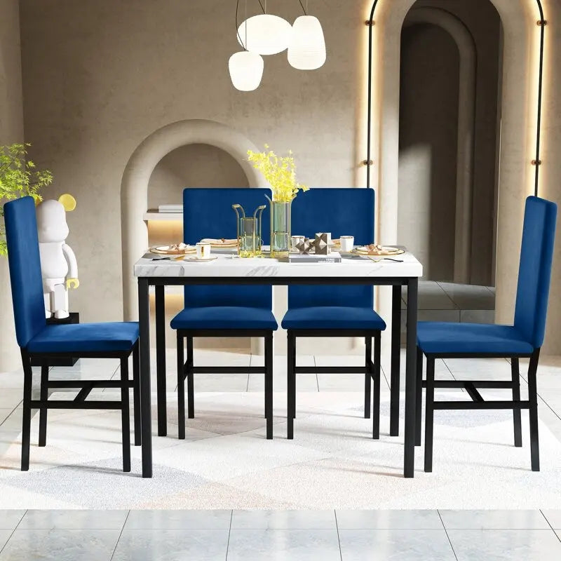 White/Blue & White/Grey 5-Piece Dining Set, Faux Marble Top, Seats 4