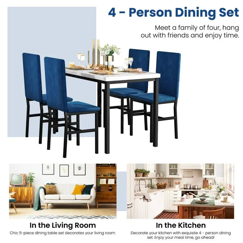 White/Blue & White/Grey 5-Piece Dining Set, Faux Marble Top, Seats 4