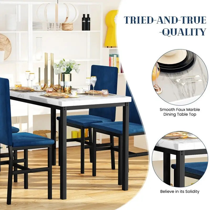 White/Blue & White/Grey 5-Piece Dining Set, Faux Marble Top, Seats 4