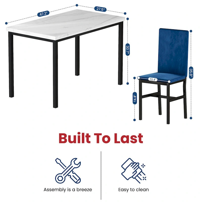 White/Blue & White/Grey 5-Piece Dining Set, Faux Marble Top, Seats 4
