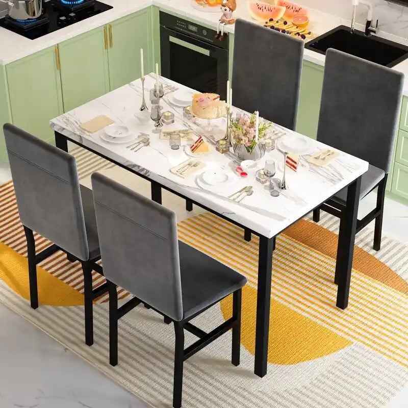 White/Blue & White/Grey 5-Piece Dining Set, Faux Marble Top, Seats 4