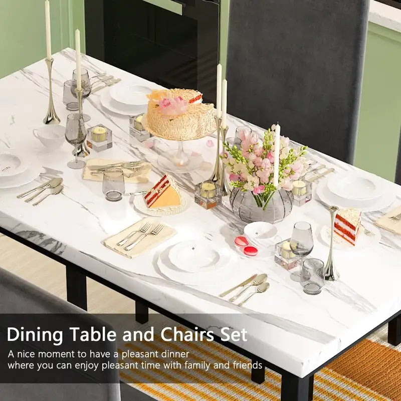 White/Blue & White/Grey 5-Piece Dining Set, Faux Marble Top, Seats 4
