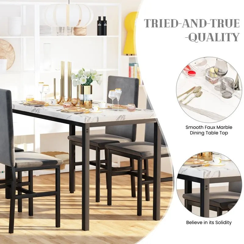 White/Blue & White/Grey 5-Piece Dining Set, Faux Marble Top, Seats 4
