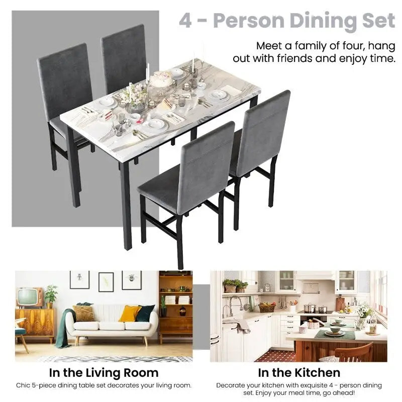 White/Blue & White/Grey 5-Piece Dining Set, Faux Marble Top, Seats 4
