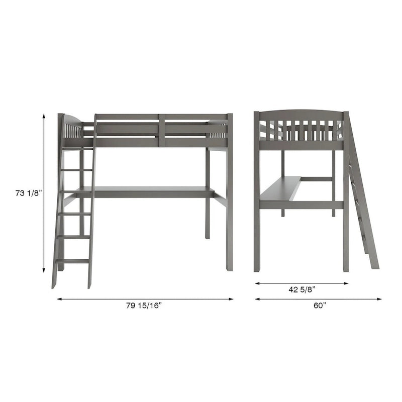 Grey/White Twin/Full Loft Bed with Desk & Drawer, Solid Wood, 1-Person