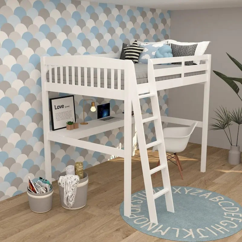Grey/White Twin/Full Loft Bed with Desk & Drawer, Solid Wood, 1-Person