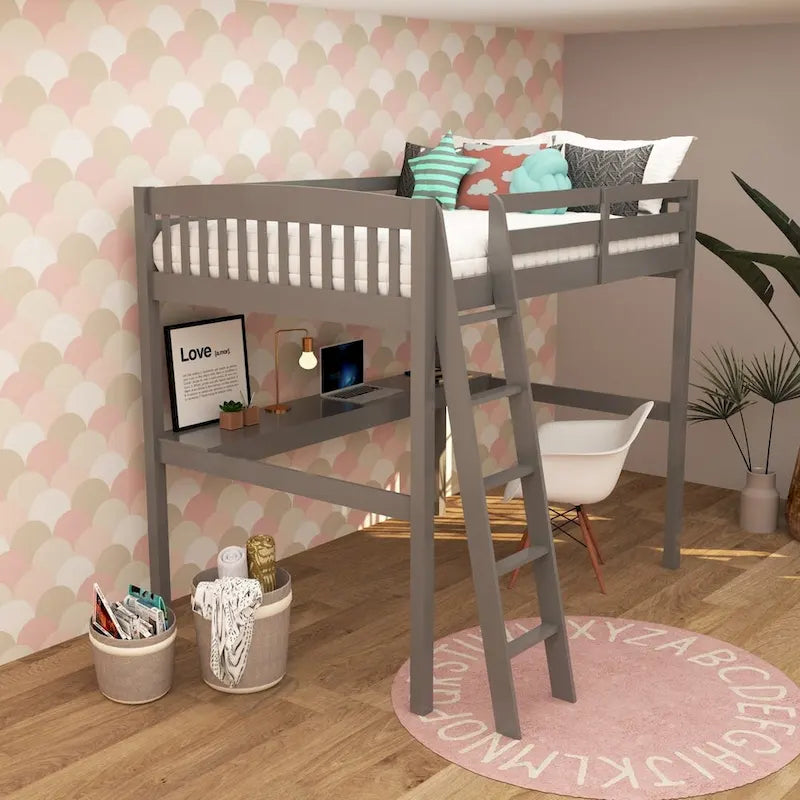 Grey/White Twin/Full Loft Bed with Desk & Drawer, Solid Wood, 1-Person