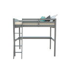 Grey/White Twin/Full Loft Bed with Desk & Drawer, Solid Wood, 1-Person