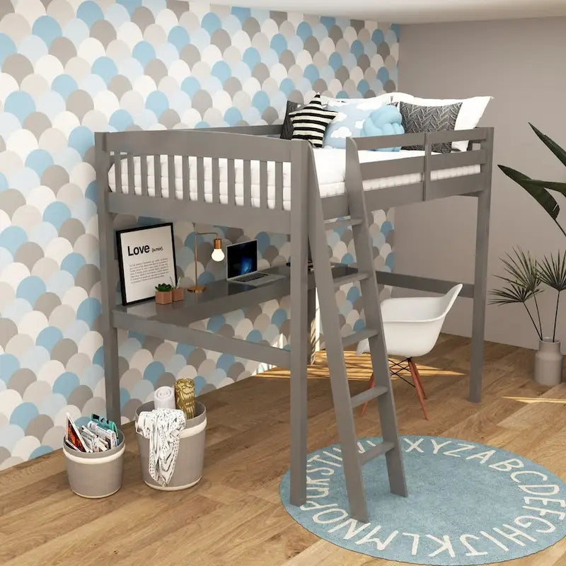 Grey/White Twin/Full Loft Bed with Desk & Drawer, Solid Wood, 1-Person