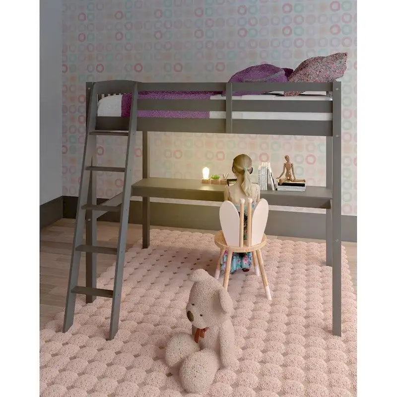 Grey/White Twin/Full Loft Bed with Desk & Drawer, Solid Wood, 1-Person