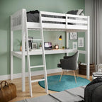Grey/White Twin/Full Loft Bed with Desk & Drawer, Solid Wood, 1-Person