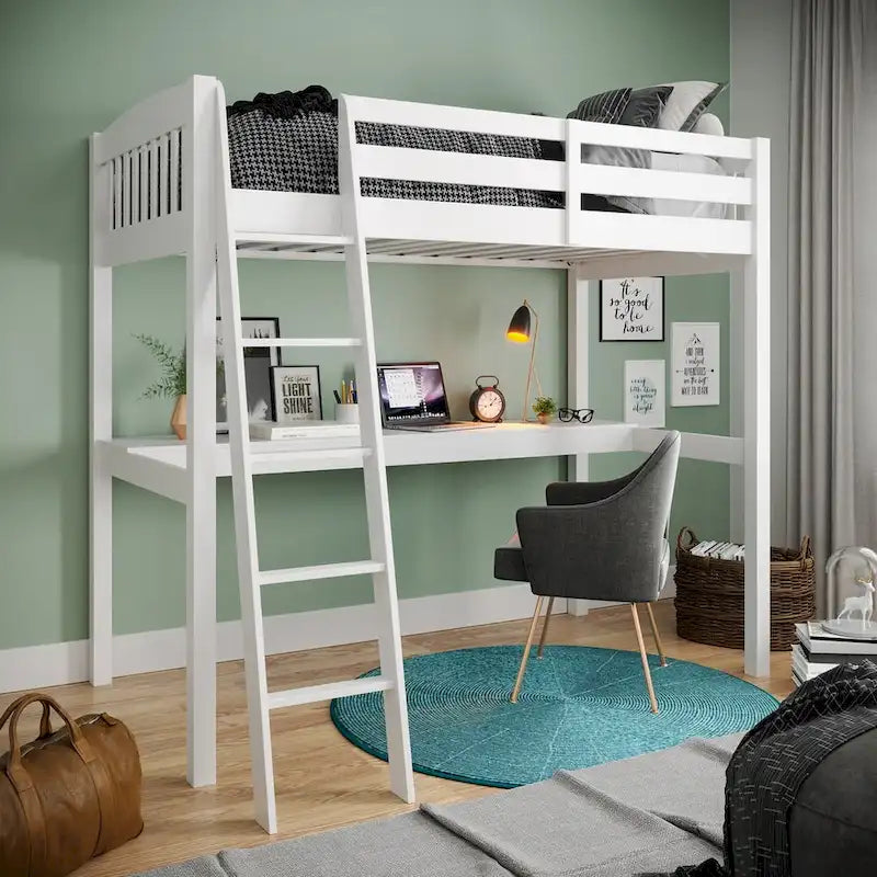 Grey/White Twin/Full Loft Bed with Desk & Drawer, Solid Wood, 1-Person