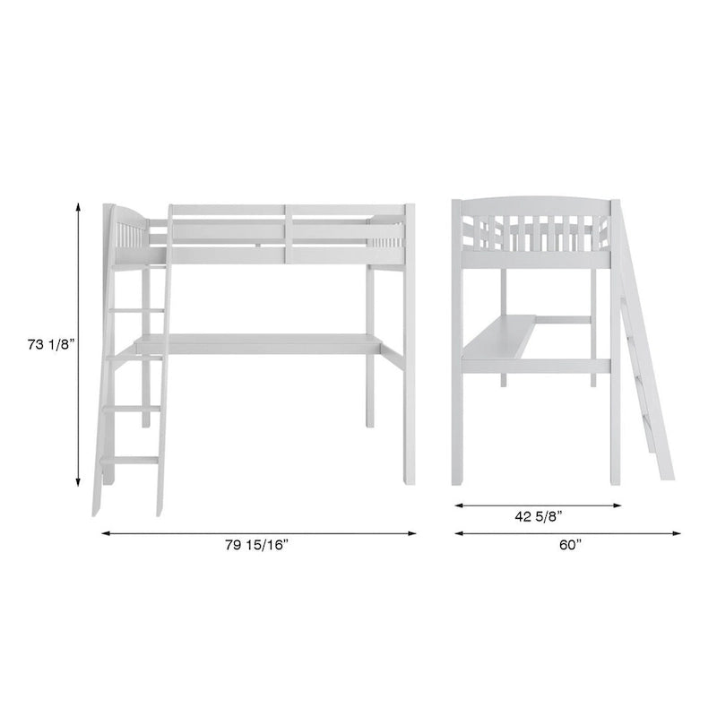 Grey/White Twin/Full Loft Bed with Desk & Drawer, Solid Wood, 1-Person