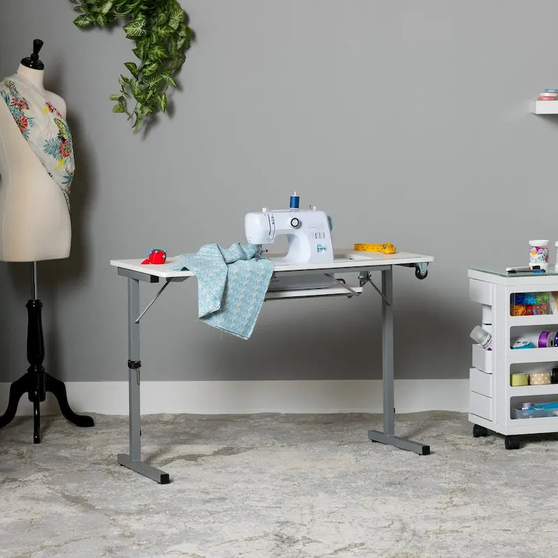 White, Single-Person Portable Folding Sewing & Craft Table with Wheels