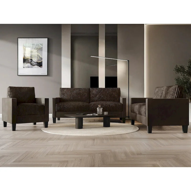 Champagne / Light Blue / Brown / Red / Grey / Black Corduroy Velvet Mid-Century Modern 3-Seat Sofa Set