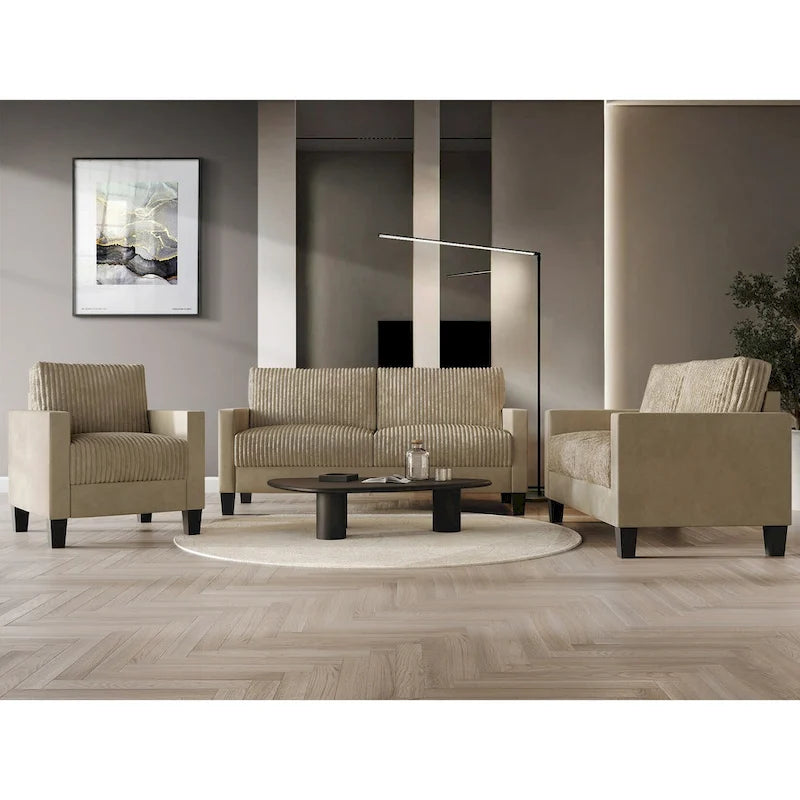 Champagne / Light Blue / Brown / Red / Grey / Black Corduroy Velvet Mid-Century Modern 3-Seat Sofa Set