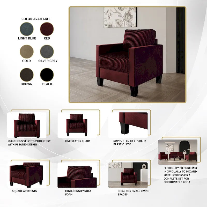 Champagne / Light Blue / Brown / Red / Grey / Black Corduroy Velvet Mid-Century Modern 3-Seat Sofa Set