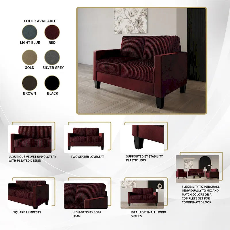 Champagne / Light Blue / Brown / Red / Grey / Black Corduroy Velvet Mid-Century Modern 3-Seat Sofa Set