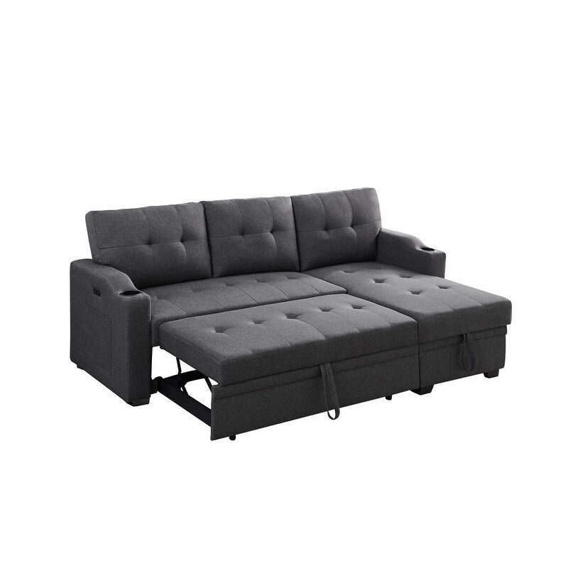 Dark Gray Linen Sleeper Sectional Sofa with Storage Chaise, Cupholders & USB Ports – 2-Seat
