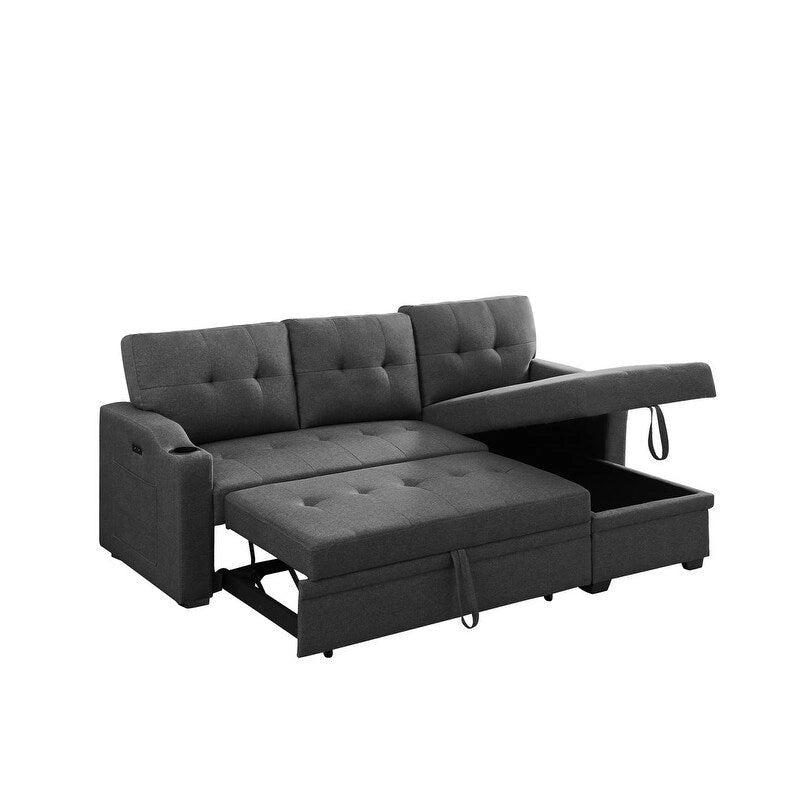 Dark Gray Linen Sleeper Sectional Sofa with Storage Chaise, Cupholders & USB Ports – 2-Seat