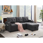 Dark Gray Linen Sleeper Sectional Sofa with Storage Chaise, Cupholders & USB Ports – 2-Seat