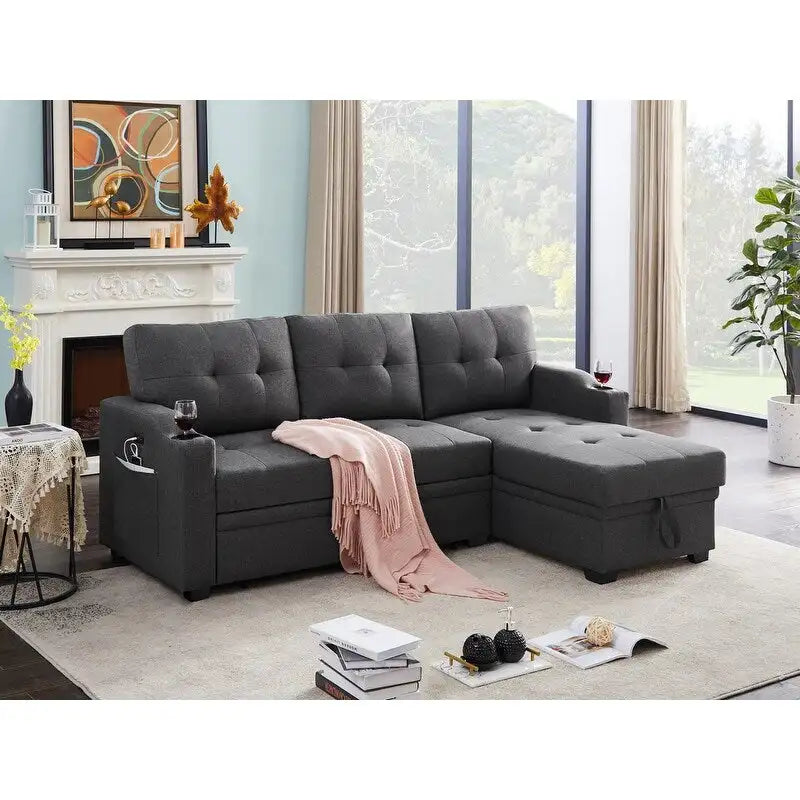 Dark Gray Linen Sleeper Sectional Sofa with Storage Chaise, Cupholders & USB Ports – 2-Seat