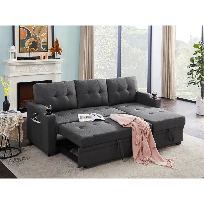 Dark Gray Linen Sleeper Sectional Sofa with Storage Chaise, Cupholders & USB Ports – 2-Seat