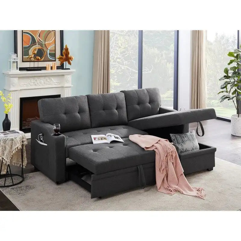 Dark Gray Linen Sleeper Sectional Sofa with Storage Chaise, Cupholders & USB Ports – 2-Seat