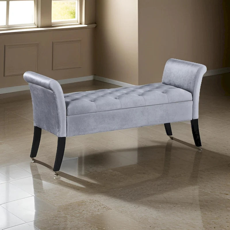 Gray & Black Button-Tufted Storage Bench with Flared Arms – Seats 1