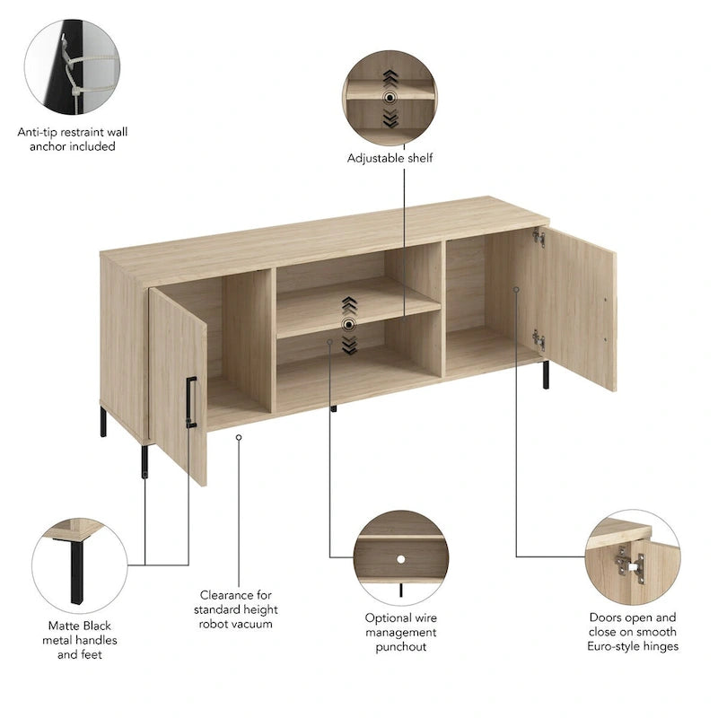 Natural Elm 58" TV Stand with Doors and Shelves, Fits 1 Room