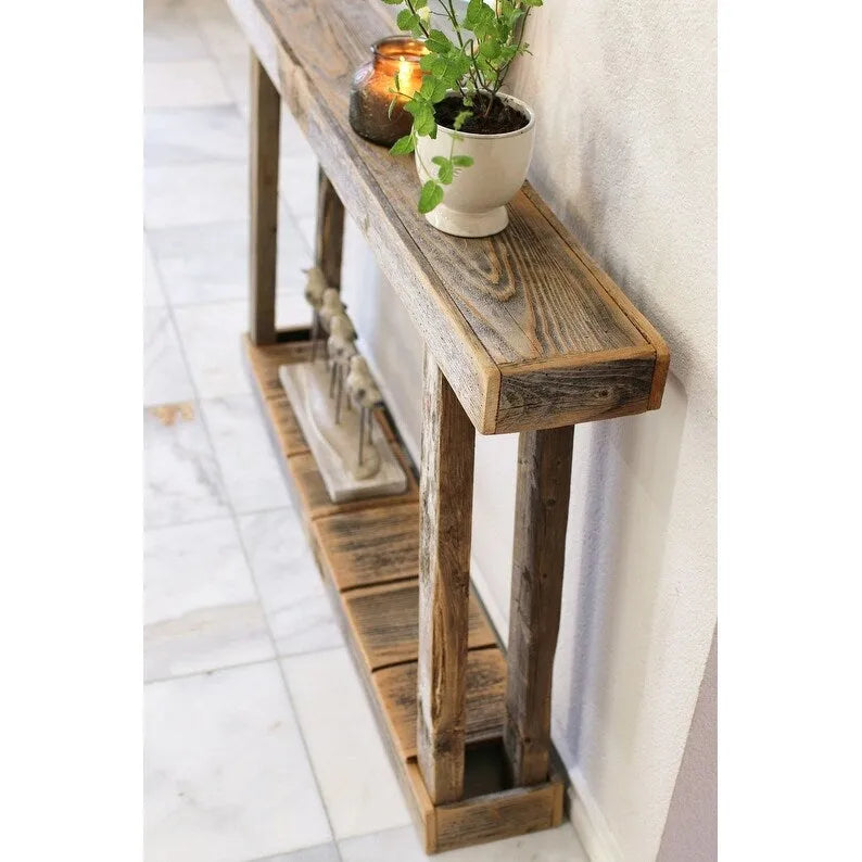 Reclaimed Wood A-Frame Slim Console Table, Natural Gray-Brown, 1-Shelf