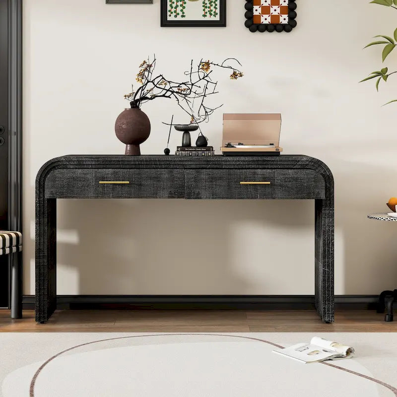 Antique Black / Natural Wood Wash Retro Console Table with 2 Drawers