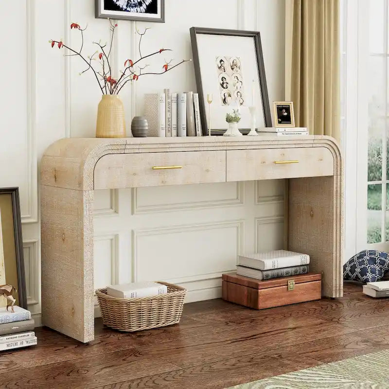 Console rétro en bois noir antique/naturel avec 2 tiroirs