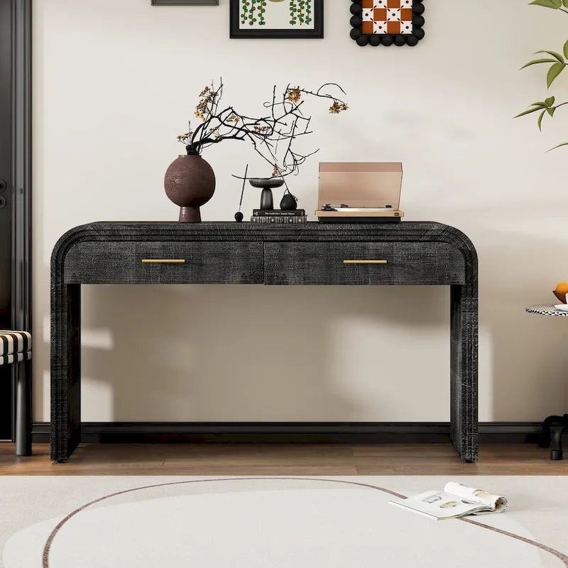 Antique Black / Natural Wood Wash Retro Console Table with 2 Drawers