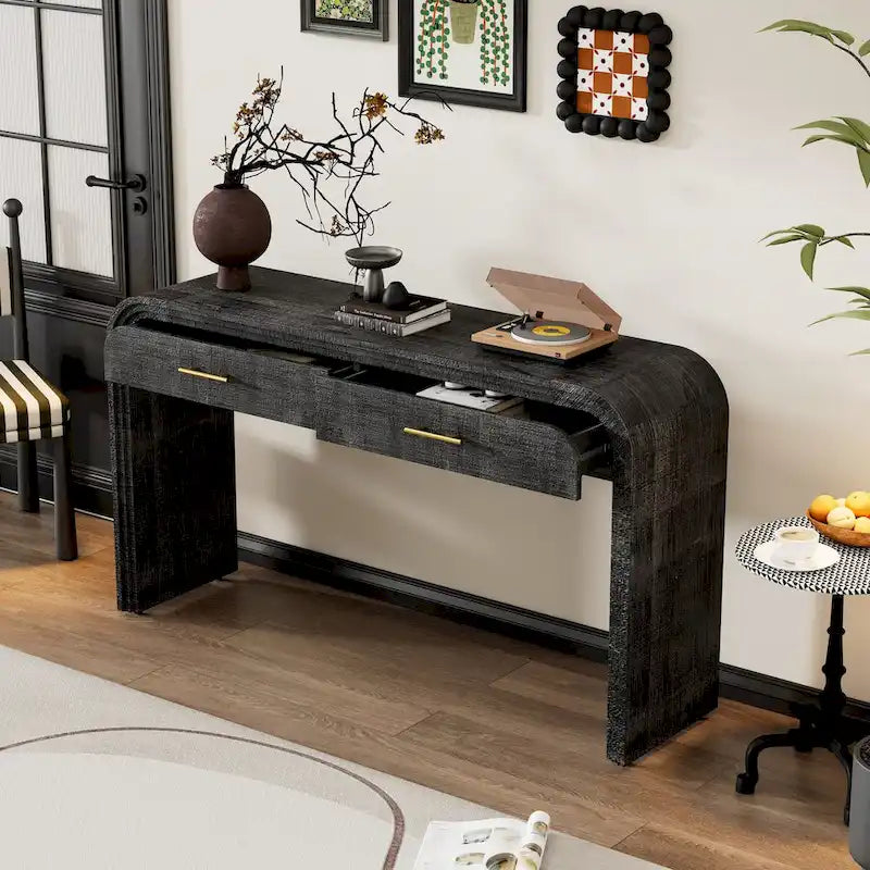 Antique Black / Natural Wood Wash Retro Console Table with 2 Drawers