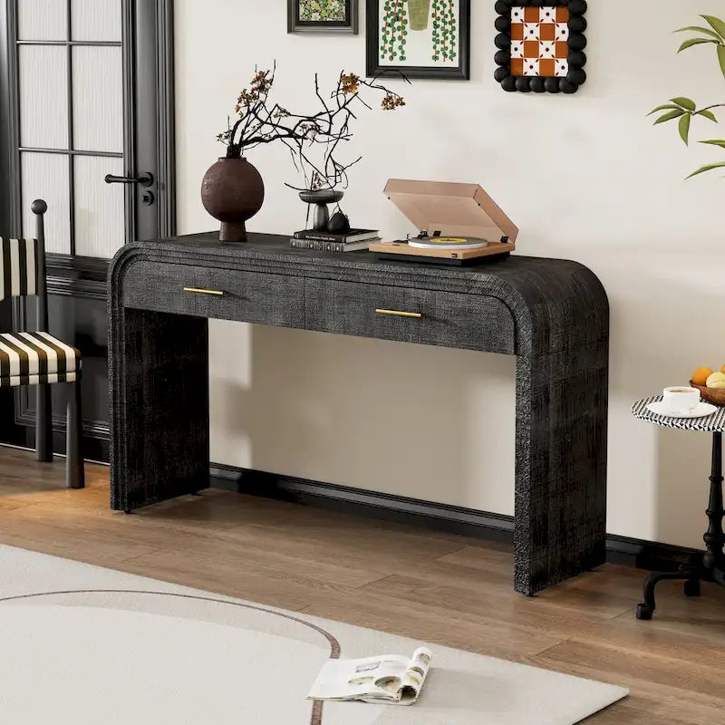 Antique Black / Natural Wood Wash Retro Console Table with 2 Drawers