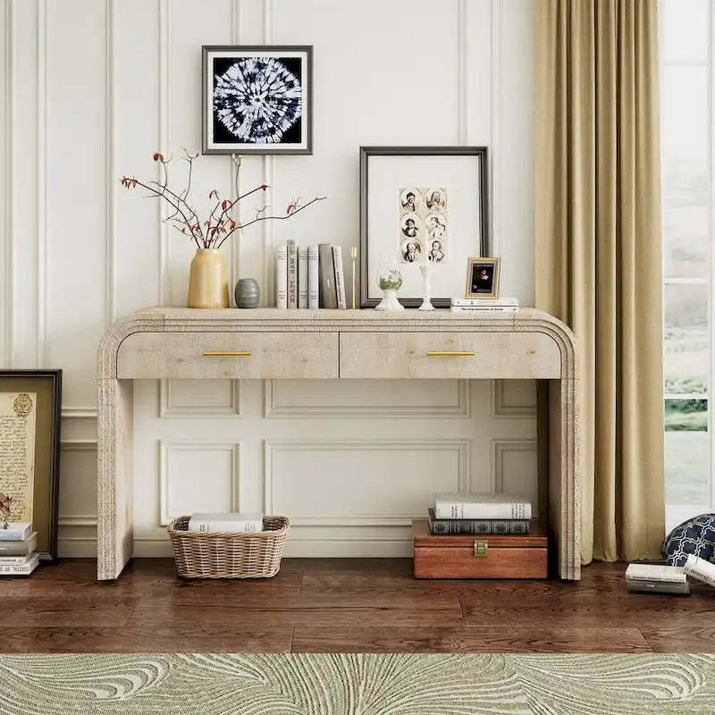 Antique Black / Natural Wood Wash Retro Console Table with 2 Drawers
