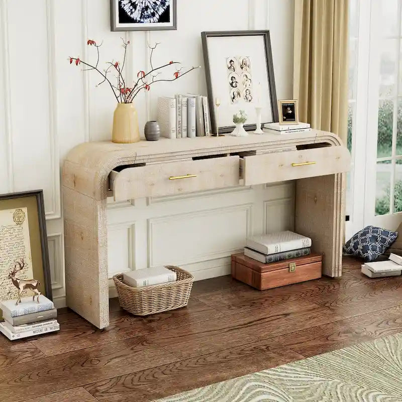 Antique Black / Natural Wood Wash Retro Console Table with 2 Drawers