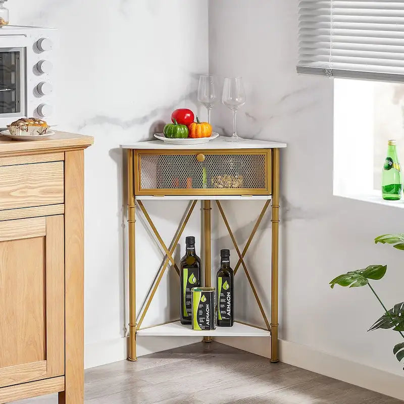 Rustic Brown / White-gold / Grey Triangle Corner Side Table, 3-Tier Open Storage & Mesh Door, 1-Person Assembly
