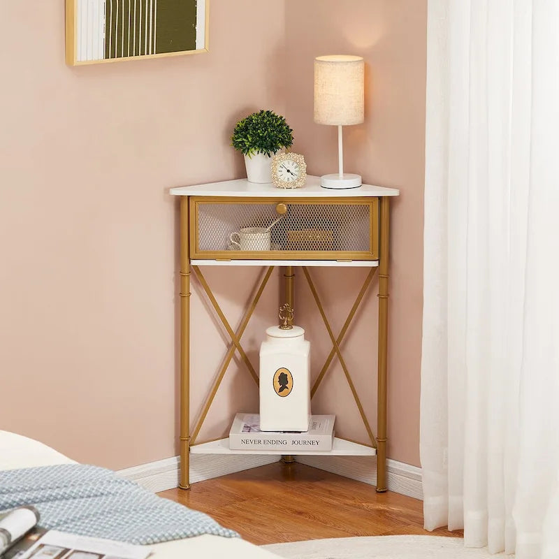 Rustic Brown / White-gold / Grey Triangle Corner Side Table, 3-Tier Open Storage & Mesh Door, 1-Person Assembly
