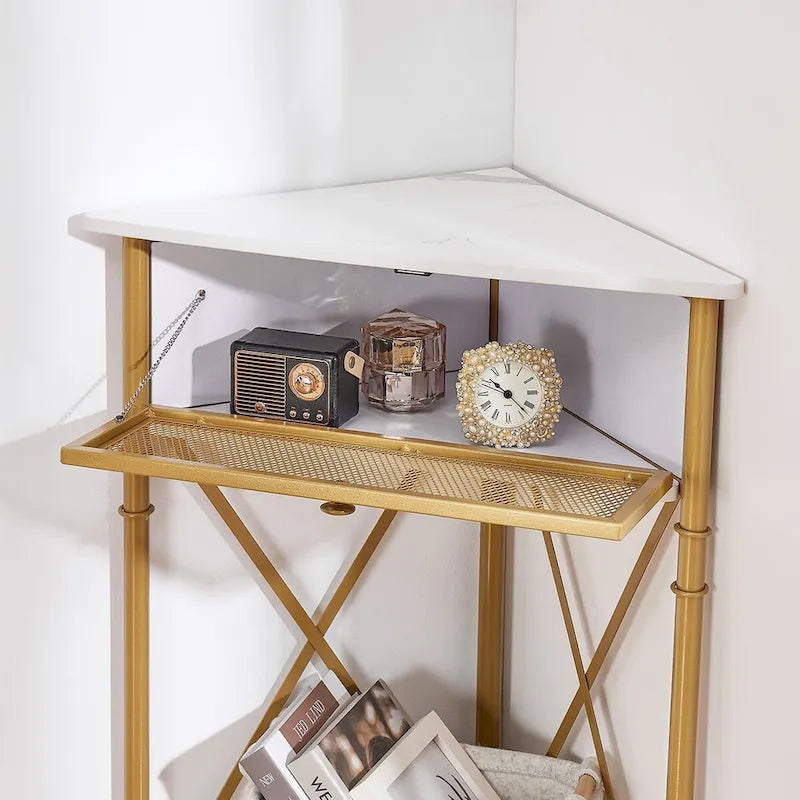Rustic Brown / White-gold / Grey Triangle Corner Side Table, 3-Tier Open Storage & Mesh Door, 1-Person Assembly