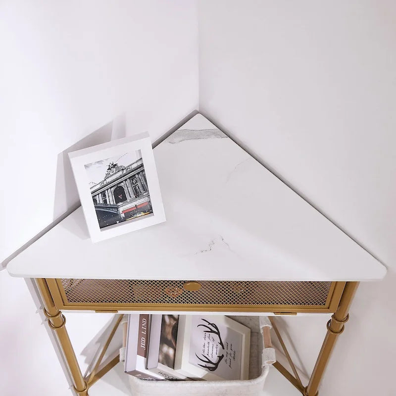 Rustic Brown / White-gold / Grey Triangle Corner Side Table, 3-Tier Open Storage & Mesh Door, 1-Person Assembly