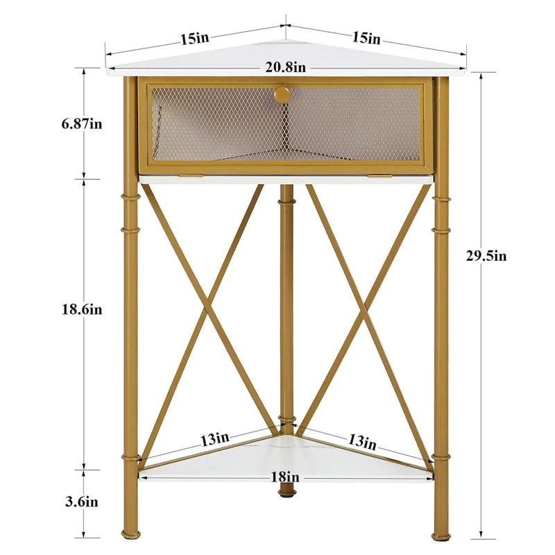 Rustic Brown / White-gold / Grey Triangle Corner Side Table, 3-Tier Open Storage & Mesh Door, 1-Person Assembly